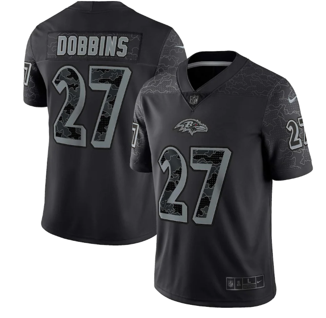 Men's Baltimore Ravens #27 J.K. Dobbins Black Reflective Limited Stitched Football Jersey Men's Baltimore Ravens #27 J.K. Dobbins Black Reflective Limited Stitched Football Jersey
